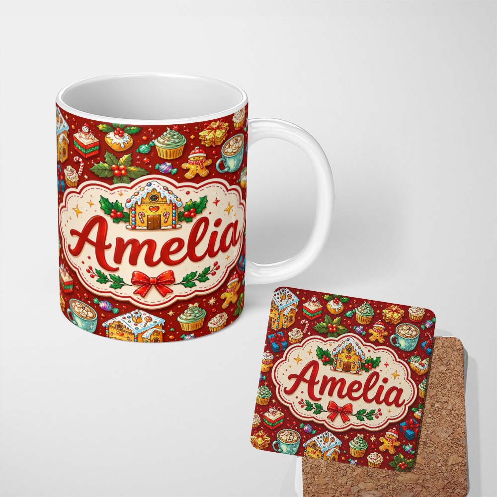 Personalized Custom Name Gingerbread House Cupcake Cocoa Holly Christmas Treats Seamless 11oz Ceramic Coffee Tea Mug White Large Handle