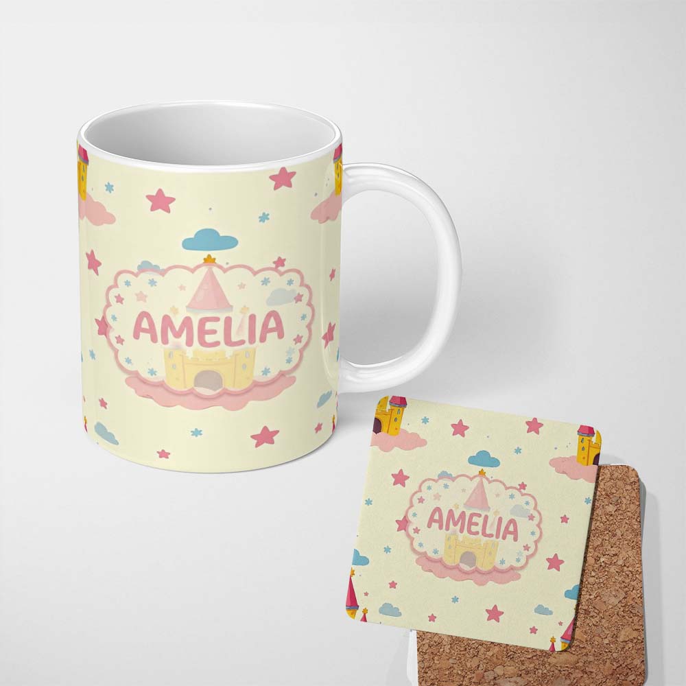 Personalized Custom Name Cute Fantasy Castle Clouds Stars Seamless Pattern Cute Unique Gift 11oz Ceramic Coffee Tea Mug White Large Handle