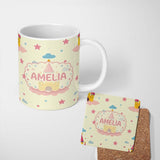Personalized Custom Name Cute Fantasy Castle Clouds Stars Seamless Pattern Cute Unique Gift 11oz Ceramic Coffee Tea Mug White Large Handle