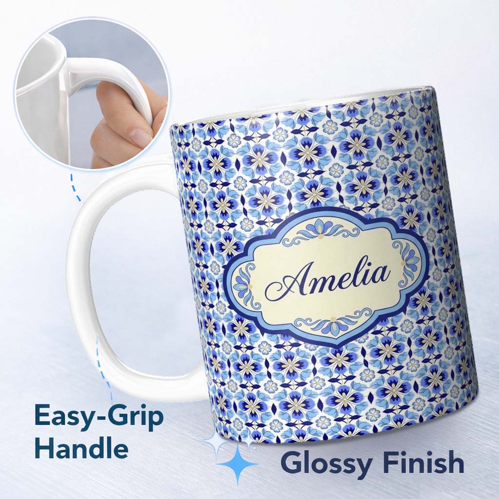 Personalized Custom Name Blue Floral Tile Geometric Seamless Pattern Ornamental Repeat Design 11oz Ceramic Coffee Tea Mug White Large Handle
