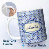 Personalized Custom Name Blue Floral Tile Geometric Seamless Pattern Ornamental Repeat Design 11oz Ceramic Coffee Tea Mug White Large Handle
