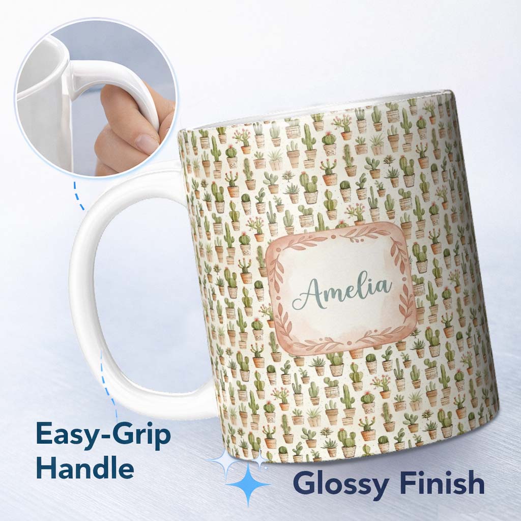 Personalized Custom Name Neutral Tone Potted Cactus Succulent Botanical Seamless Pattern 11oz Ceramic Coffee Tea Mug White Large Handle