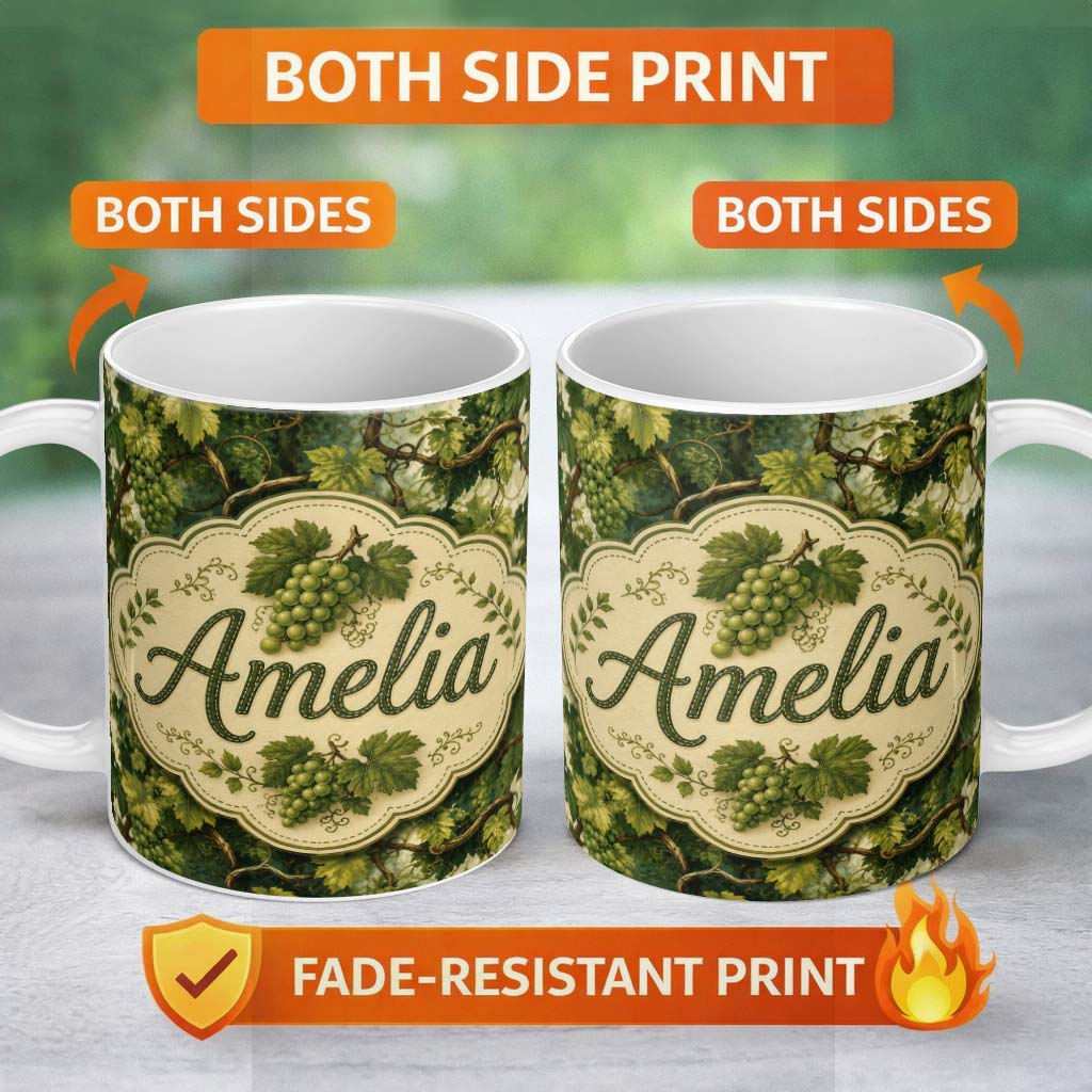 Personalized Custom Name Green Grape Vine Leaves Botanical Seamless Pattern Cute Unique Gift 11oz Ceramic Coffee Tea Mug White Large Handle