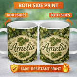 Personalized Custom Name Green Grape Vine Leaves Botanical Seamless Pattern Cute Unique Gift 11oz Ceramic Coffee Tea Mug White Large Handle
