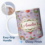 Personalized Custom Name Christmas Plaid Snowman Reindeer Festive Seamless Pattern Lovely 11oz Ceramic Coffee Tea Mug White Large Handle