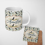 Personalized Custom Name Cute Puffin Birds Watercolor Seamless Pattern Coastal Nature Lovely 11oz Ceramic Coffee Tea Mug White Large Handle