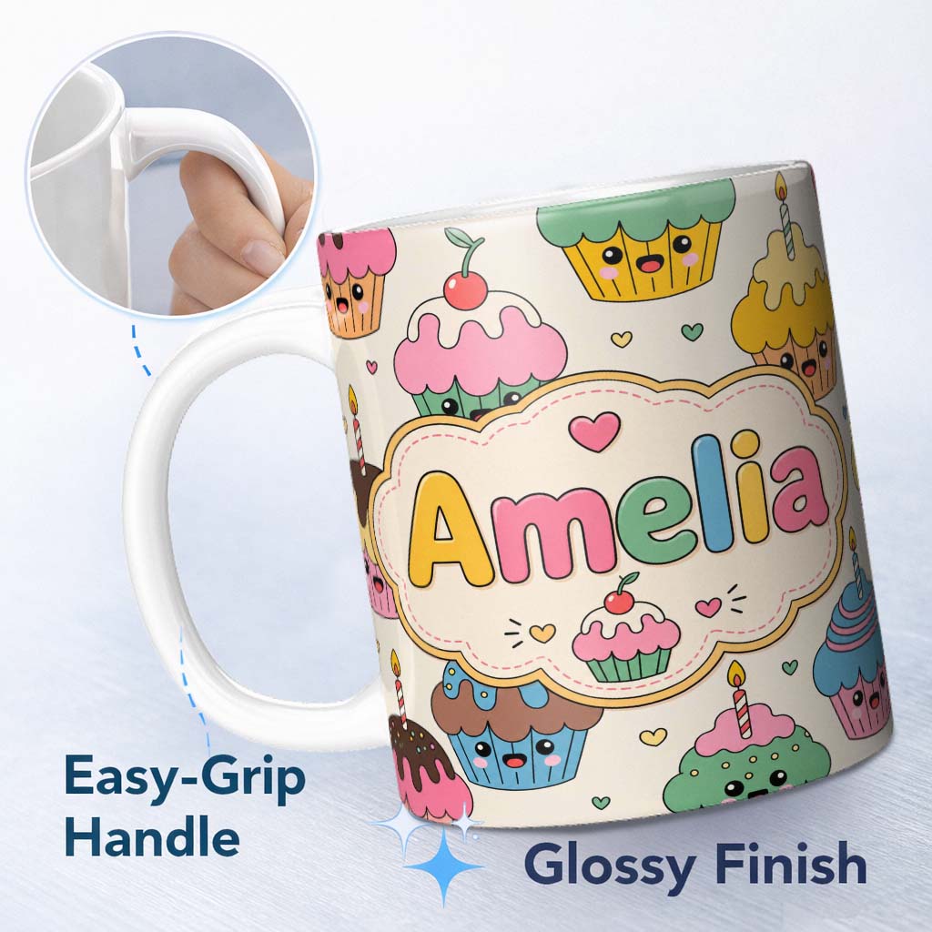 Personalized Custom Name Cute Birthday Cupcakes Candles Sweet Treats Seamless Pattern Lovely 11oz Ceramic Coffee Tea Mug White Large Handle