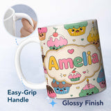 Personalized Custom Name Cute Birthday Cupcakes Candles Sweet Treats Seamless Pattern Lovely 11oz Ceramic Coffee Tea Mug White Large Handle