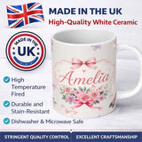 Personalized Custom Name Elegant Watercolor Rose Bouquet Ribbon Butterfly Soft Ivory Lovely 11oz Ceramic Coffee Tea Mug White Large Handle