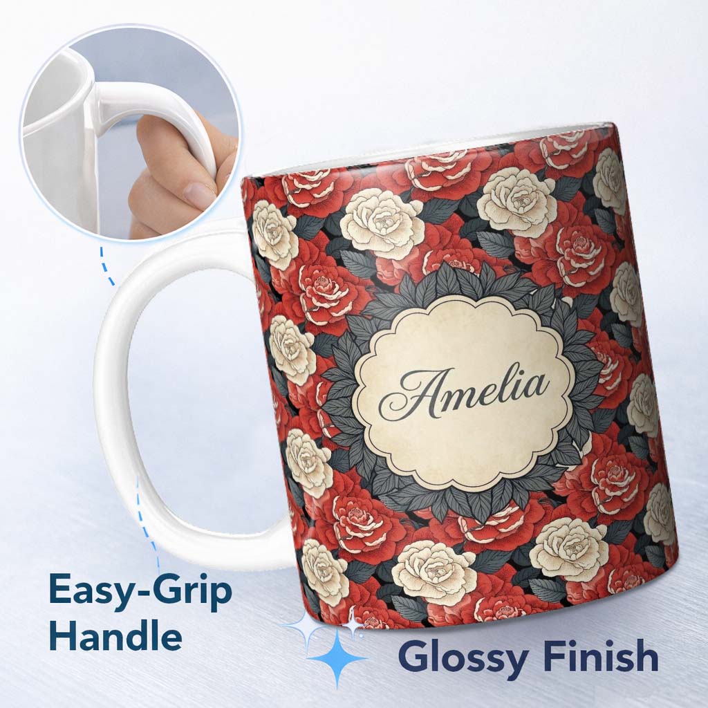 Personalized Custom Name Classic Red and Ivory Rose Dense Floral Seamless Pattern Lovely 11oz Ceramic Coffee Tea Mug White Large Handle