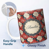 Personalized Custom Name Classic Red and Ivory Rose Dense Floral Seamless Pattern Lovely 11oz Ceramic Coffee Tea Mug White Large Handle