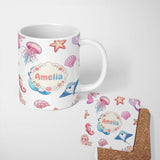 Personalized Custom Name Mermaid Ocean Friends Jellyfish Starfish Grey Background Lovely 11oz Ceramic Coffee Tea Mug White Large Handle