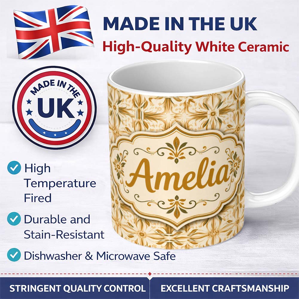 Personalized Custom Name Light Tan and Ochre Traditional Floral Tile Pattern with Repeating 11oz Ceramic Coffee Tea Mug White Large Handle