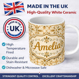 Personalized Custom Name Light Tan and Ochre Traditional Floral Tile Pattern with Repeating 11oz Ceramic Coffee Tea Mug White Large Handle
