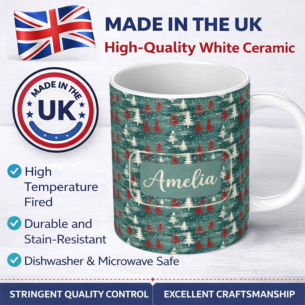 Personalized Custom Name Rustic Painted Christmas Trees Vintage Seamless Pattern Lovely 11oz Ceramic Coffee Tea Mug White Large Handle