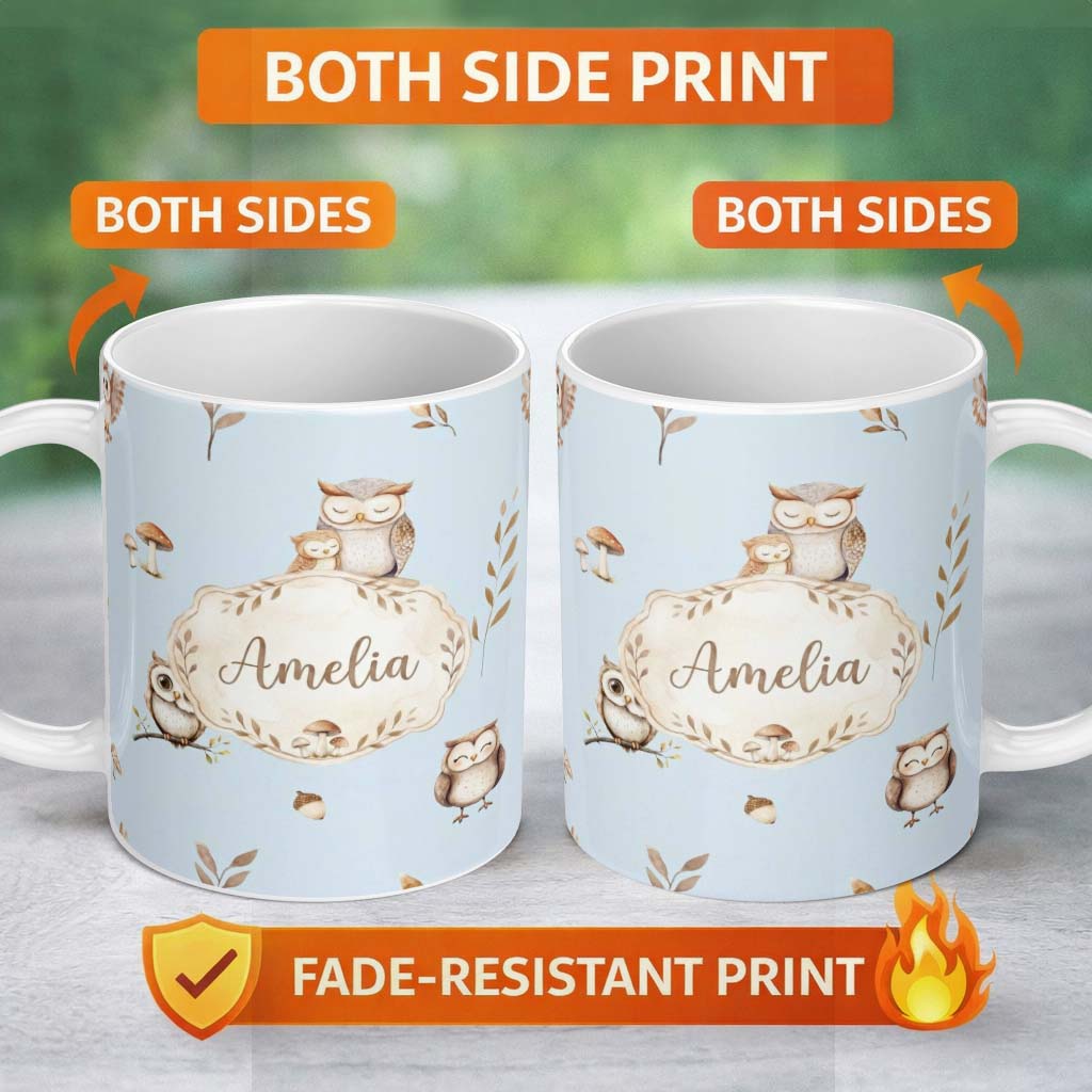 Personalized Custom Name Cute Woodland Owls Mushrooms and Leaves Soft Blue Background Lovely 11oz Ceramic Coffee Tea Mug White Large Handle