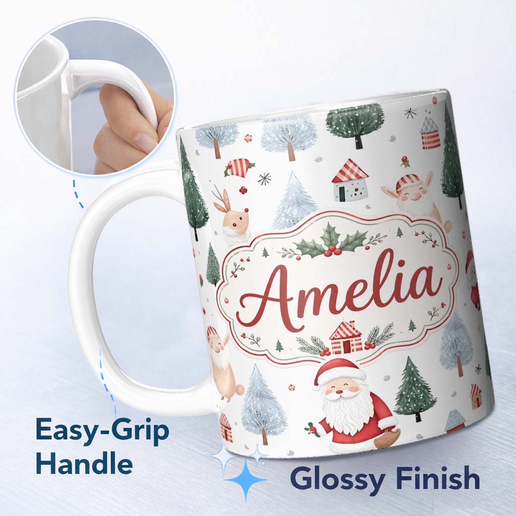 Personalized Custom Name Cute Santa Bunny Winter Forest Trees Seamless Pattern Lovely 11oz Ceramic Coffee Tea Mug White Large Handle