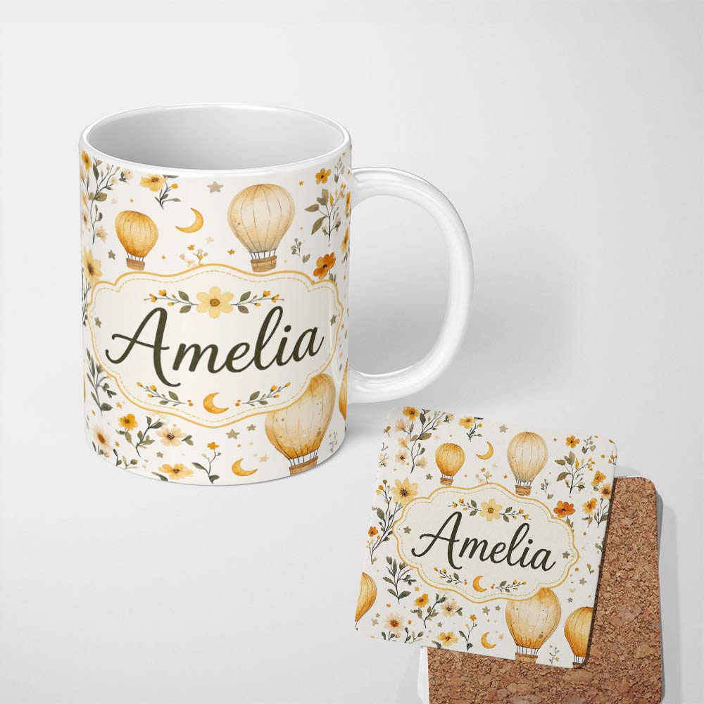 Personalized Custom Name Vintage Hot Air Balloons with Floral Elements Seamless Pattern 11oz Ceramic Coffee Tea Mug White Large Handle