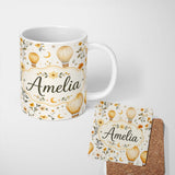 Personalized Custom Name Vintage Hot Air Balloons with Floral Elements Seamless Pattern 11oz Ceramic Coffee Tea Mug White Large Handle