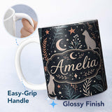 Personalized Custom Name Celestial Cat Moon Stars Botanical Night Seamless Pattern Lovely 11oz Ceramic Coffee Tea Mug White Large Handle