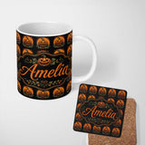 Personalized Custom Name Cute Carved Pumpkin Leaves Black Background Halloween Seamless 11oz Ceramic Coffee Tea Mug White Large Handle