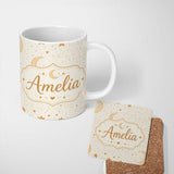 Personalized Custom Name Cute Crescent Moon Stars and Clouds Neutral Seamless Pattern Lovely 11oz Ceramic Coffee Tea Mug White Large Handle
