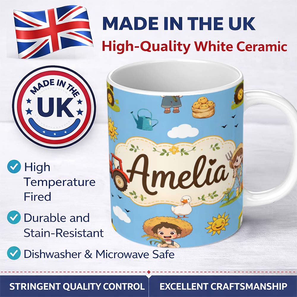 Personalized Custom Name Cute Farm Scene Tractor Duck Farmer Child Clouds Blue Background 11oz Ceramic Coffee Tea Mug White Large Handle