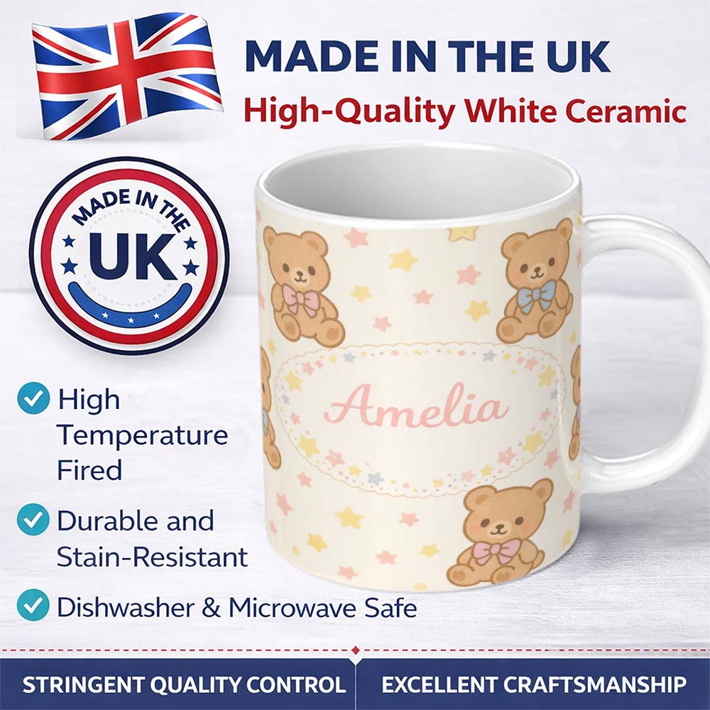 Personalized Custom Name Cute Teddy Bear Bow Cartoon Animal Pattern Beautiful Coffee Cup 11oz Ceramic Coffee Tea Mug White Large Handle