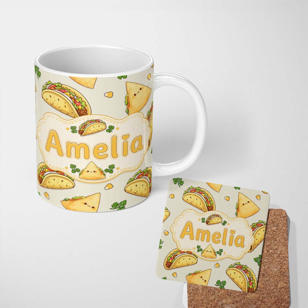 Personalized Custom Name Cute Kawaii Tacos and Wraps Cream Background Seamless Pattern Name 11oz Ceramic Coffee Tea Mug White Large Handle