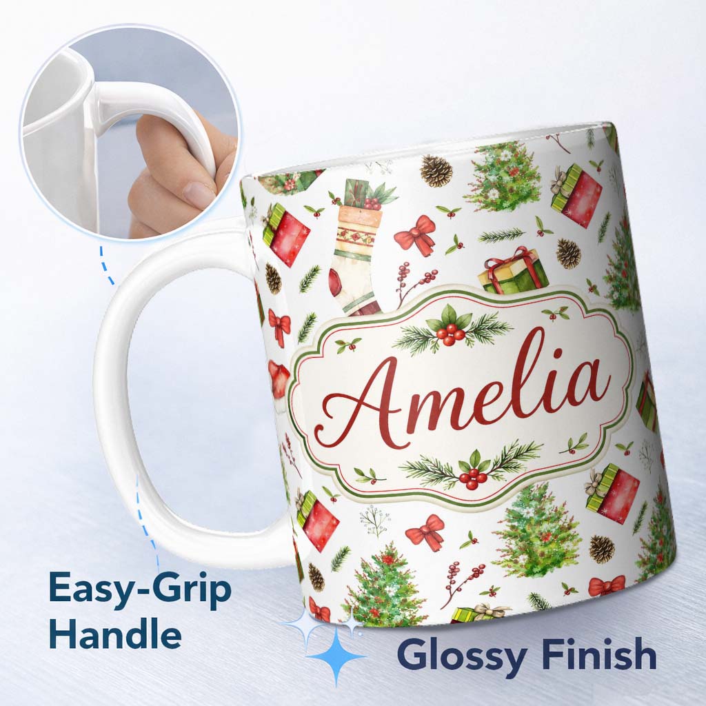 Personalized Custom Name Christmas Gifts Tree Bow Festive Holiday Seamless Pattern Lovely 11oz Ceramic Coffee Tea Mug White Large Handle