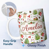 Personalized Custom Name Christmas Gifts Tree Bow Festive Holiday Seamless Pattern Lovely 11oz Ceramic Coffee Tea Mug White Large Handle