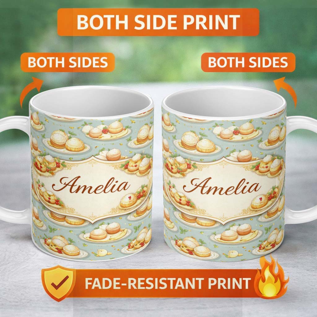 Personalized Custom Name Cupcake and Fruit Dessert Pastel Seamless Pattern Cute Unique Gift 11oz Ceramic Coffee Tea Mug White Large Handle