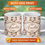 Personalized Custom Name Neutral Beige and Blush Abstract Tribal Seamless Pattern Lovely 11oz Ceramic Coffee Tea Mug White Large Handle
