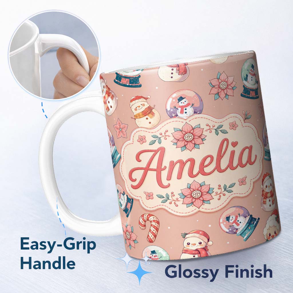 Personalized Custom Name Cute Snowman Snow Globe Poinsettia Flower Christmas Pattern Peach 11oz Ceramic Coffee Tea Mug White Large Handle