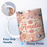 Personalized Custom Name Cute Snowman Snow Globe Poinsettia Flower Christmas Pattern Peach 11oz Ceramic Coffee Tea Mug White Large Handle