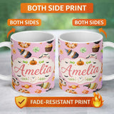Personalized Custom Name Cute Halloween Donuts Cupcakes Bats Candy and Pumpkins Pink Lovely 11oz Ceramic Coffee Tea Mug White Large Handle