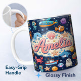 Personalized Custom Name Cartoon Sea Animals Diver Dolphin Shark Crab Boat Navy Blue Bubble 11oz Ceramic Coffee Tea Mug White Large Handle