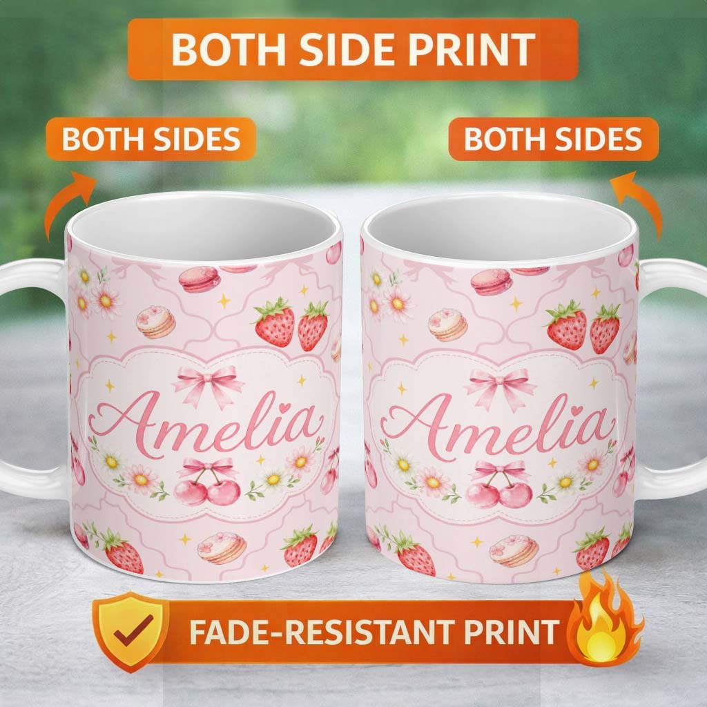 Personalized Custom Name Cute Strawberry Cherry Daisy Floral Bow Sweet Dessert Warm Cream 11oz Ceramic Coffee Tea Mug White Large Handle