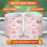 Personalized Custom Name Cute Strawberry Cherry Daisy Floral Bow Sweet Dessert Warm Cream 11oz Ceramic Coffee Tea Mug White Large Handle