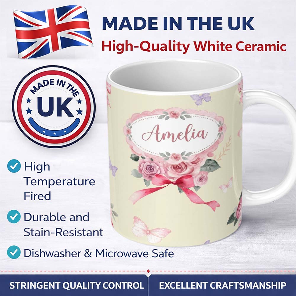 Personalized Custom Name Cute Watercolor Roses Bouquet with Red Ribbon Soft Olive Background 11oz Ceramic Coffee Tea Mug White Large Handle