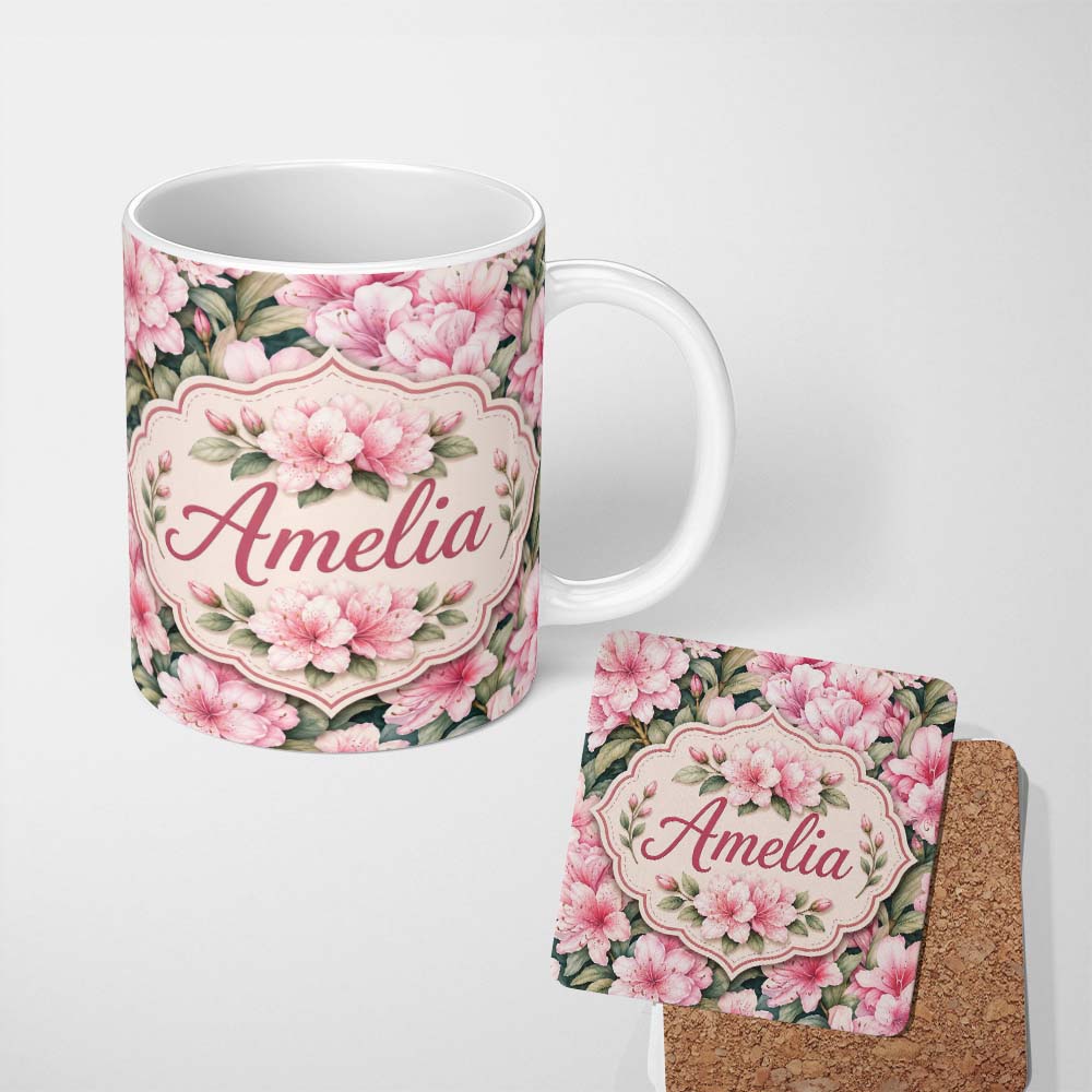 Personalized Custom Name Soft Pink Azalea Flowers Dense Botanical Seamless Pattern Lovely 11oz Ceramic Coffee Tea Mug White Large Handle