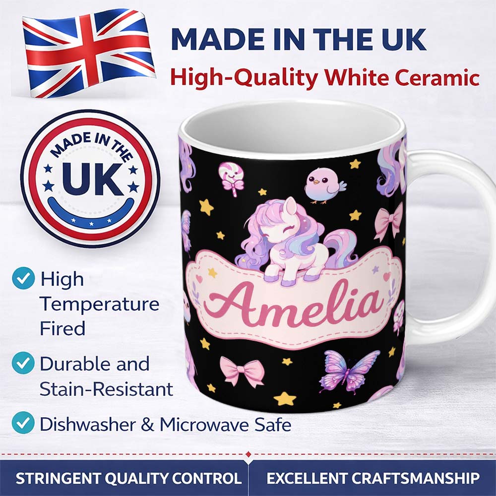Personalized Custom Name Cute Pastel Unicorn Butterfly Candy Stars Black Background Seamless 11oz Ceramic Coffee Tea Mug White Large Handle