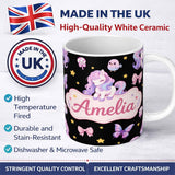 Personalized Custom Name Cute Pastel Unicorn Butterfly Candy Stars Black Background Seamless 11oz Ceramic Coffee Tea Mug White Large Handle