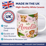Personalized Custom Name Cute Jungle Animals Lion Tiger Leopard Tropical Leaves Blush Pink 11oz Ceramic Coffee Tea Mug White Large Handle