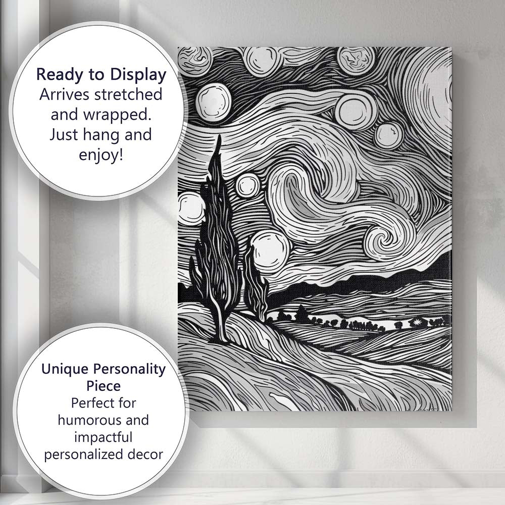 Black White Woodcut Style Starry Night Landscape Canvas Wall Art Print Decor Picture Ready to Hang