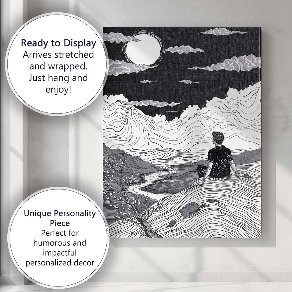 Black White Moonlit Mountain Landscape Line Art Canvas Wall Art Print Decor Picture Ready to Hang