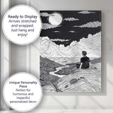 Black White Moonlit Mountain Landscape Line Art Canvas Wall Art Print Decor Picture Ready to Hang