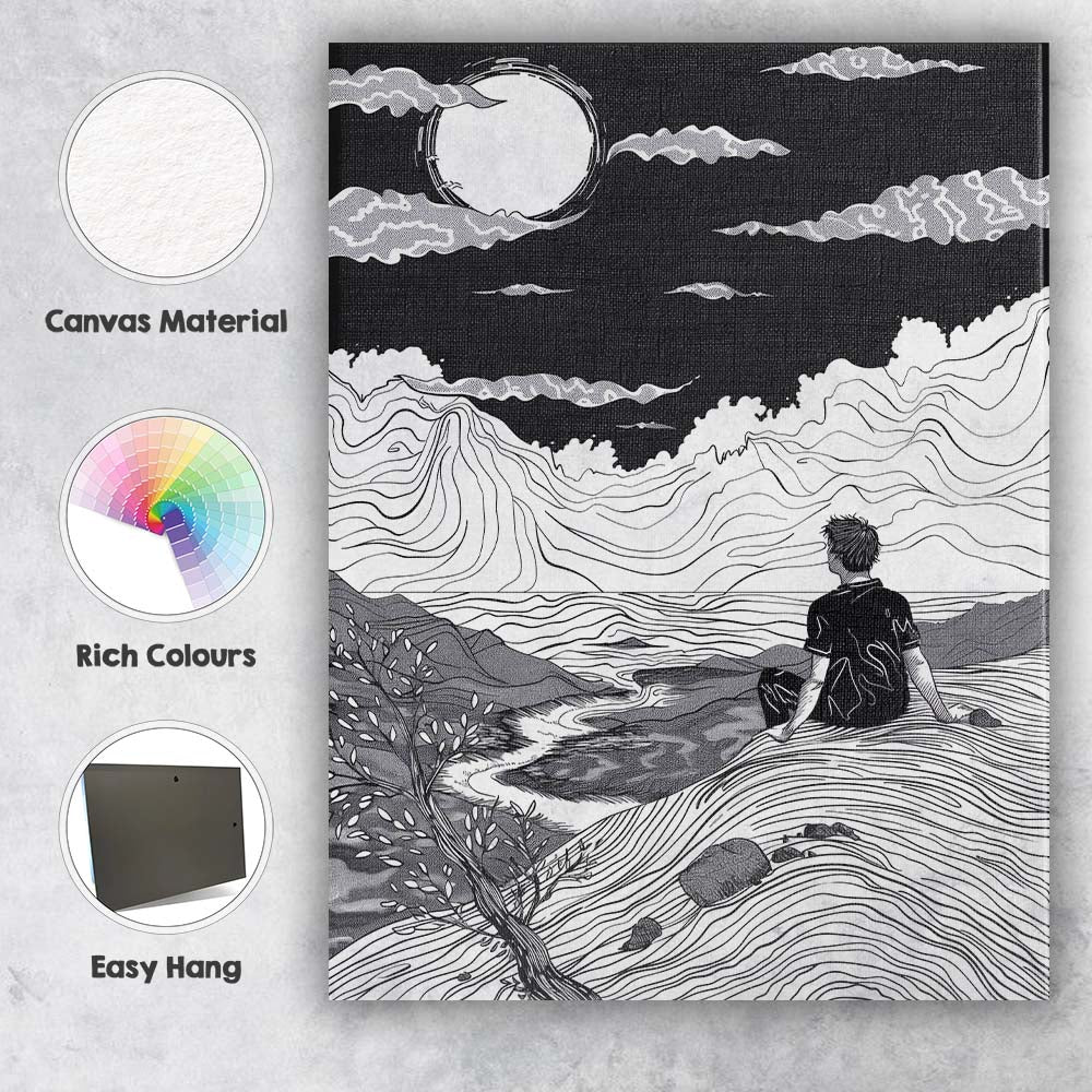Black White Moonlit Mountain Landscape Line Art Canvas Wall Art Print Decor Picture Ready to Hang