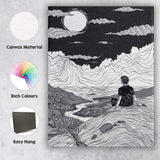 Black White Moonlit Mountain Landscape Line Art Canvas Wall Art Print Decor Picture Ready to Hang