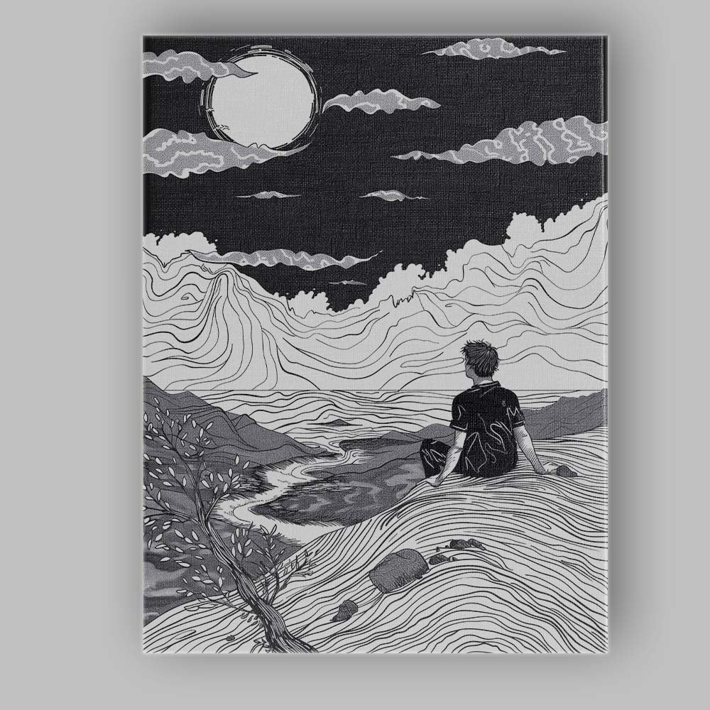 Black White Moonlit Mountain Landscape Line Art Canvas Wall Art Print Decor Picture Ready to Hang